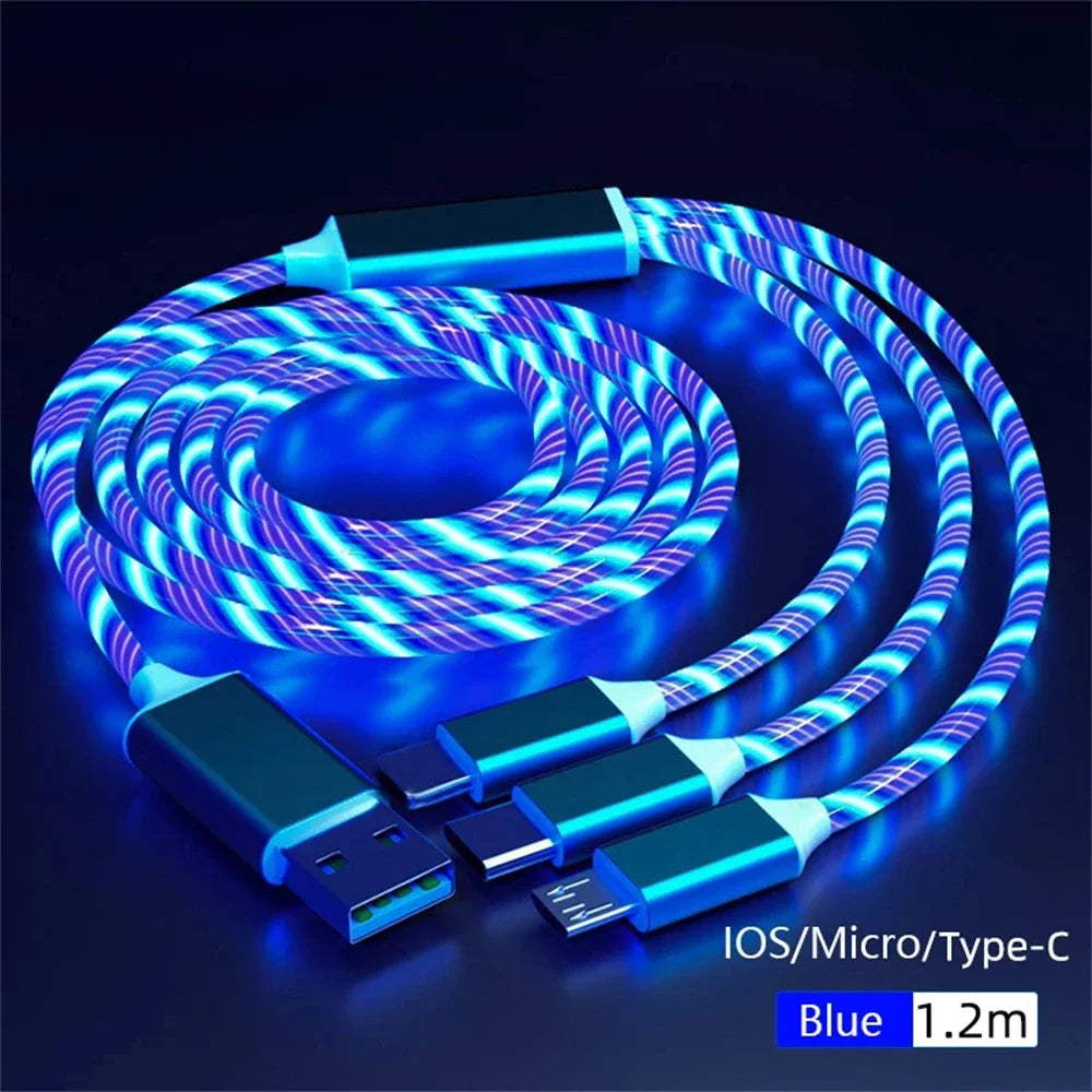 Glowing LED Light USB 3 IN 1 cable Phone Fast Charging Charger Luminous Type C Cable For Xiaomi iPhone Phone Accessories Pi-Mart