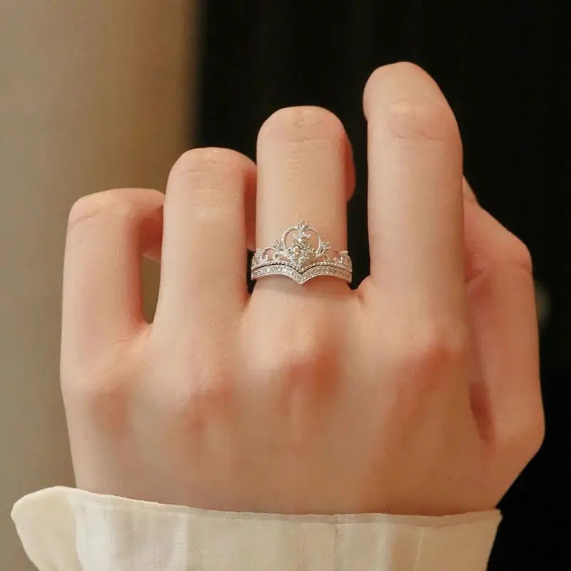 2PCS Fairy Sparkling Crown Rings for Women Teen Crystal Korean Adjustable Silvery Anniversary Gift Party Queen Ring Set Jewelry Pi-Mart