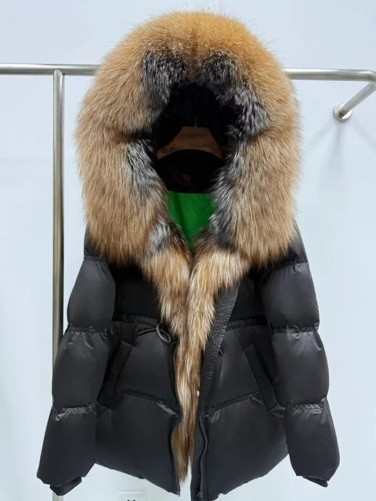 Fox Fur Jacket Women Loose Hooded White Goose Down Coat Female New Autumn Winter Thick Warm Natural Real Fur Puffer Jacket Lady LadyShow.Store
