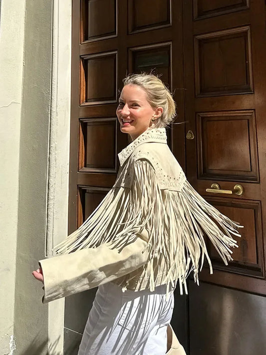 Short Pu Suede Jacket Women Fashionable New 2025 Long Sleeve Tassel Lapel Collar Cropped Slim Coat Lady Street New Outerwear LadyShow.Store