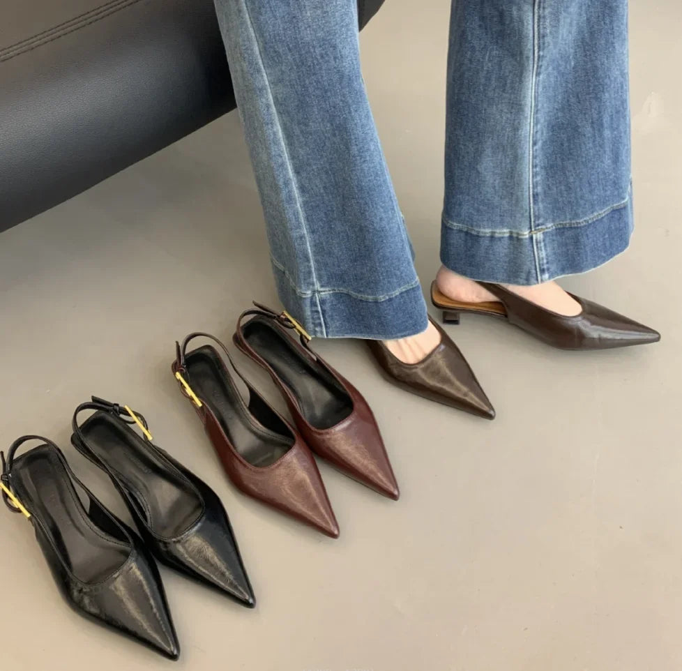 2025 Summer New Women Sandal Fashion Pointed Toe Shallow Slip on Ladies Elegant Slingback Shoes Thin Med Heel Dress Mules Pumps LadyShow.Store