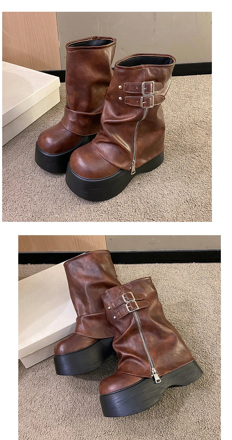 Soft Leather Ankle Mid Calf Boots Winter Autumn High Platform Wedge British Booties Woman New Ladies Chunky Motorcycle Boots 9CM Pi-Mart