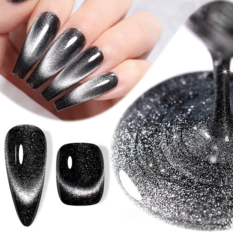 LILYCUTE 7ML Black Crystal Cat Magnetic Gel Sparkling Glitter Gel Nail Polish Semi Permanent UV Gel Nail Art No Need Base Color Tri Light Beauty