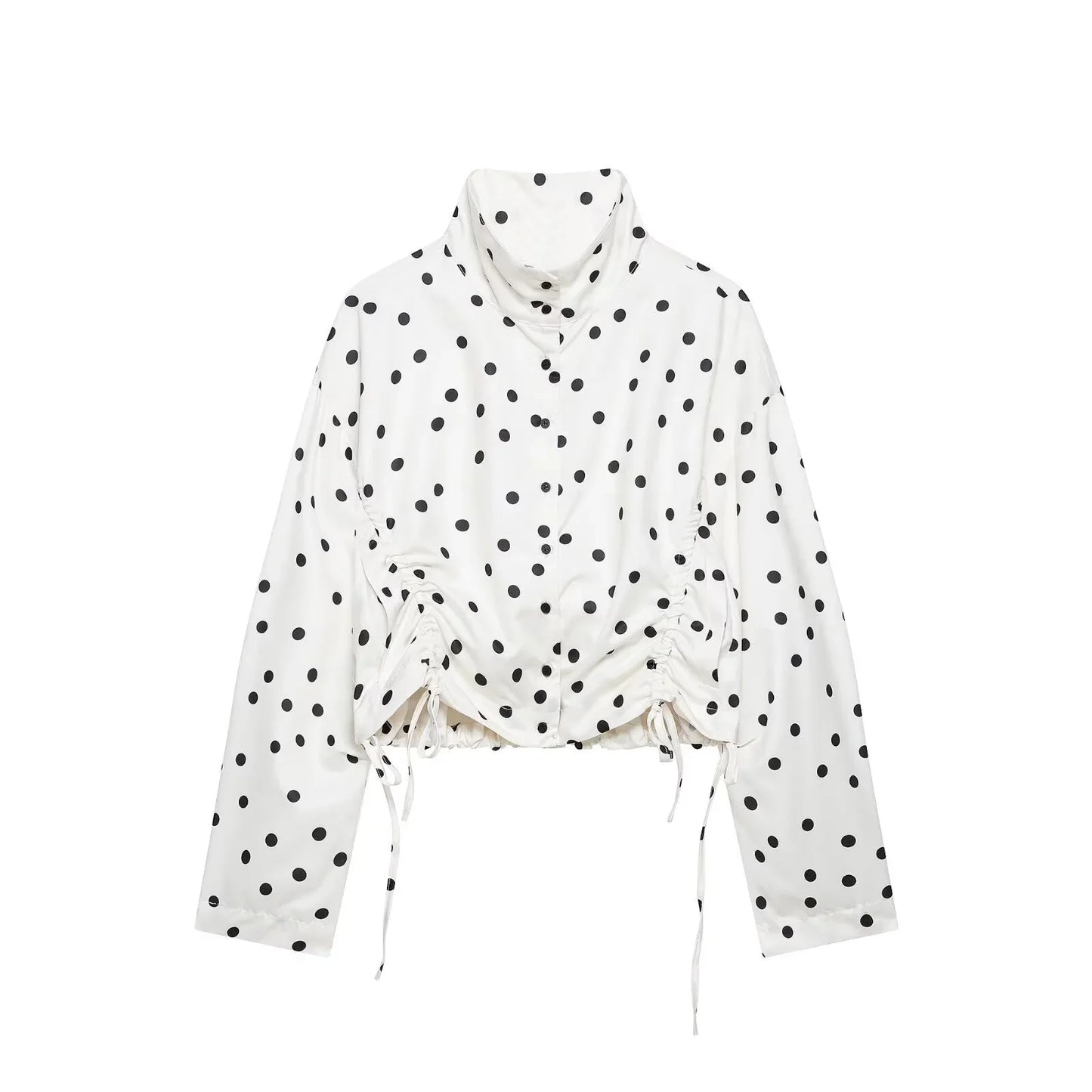 Women's Polka Dots Jacket with Tie New 2026 Spring Long Sleeve High Collar Loose Women Versatile Short Coats Chic Female Jackets LadyShow.Store