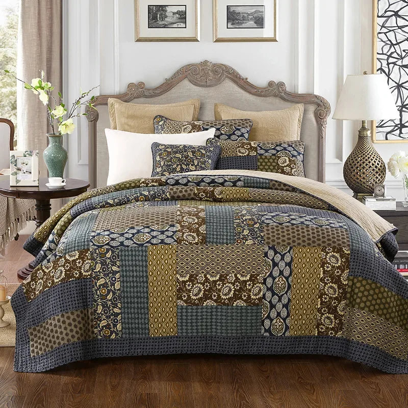 Vintage Patchwork Cotton Quilt Set 3PCS King/Queen - All-Season Thin Comforter Bedspread,Breathable Quilted Coverlet Bedding Pi-Mart
