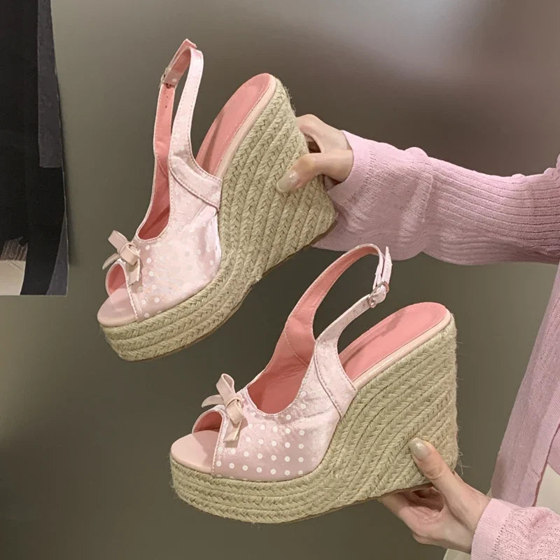 Aneikeh Summer Thick Soled Grass Woven High Heels Casual Retro Roman Sandals Polka Butterfly-kont Wedge Platform Woman Sandals LadyShow.Store