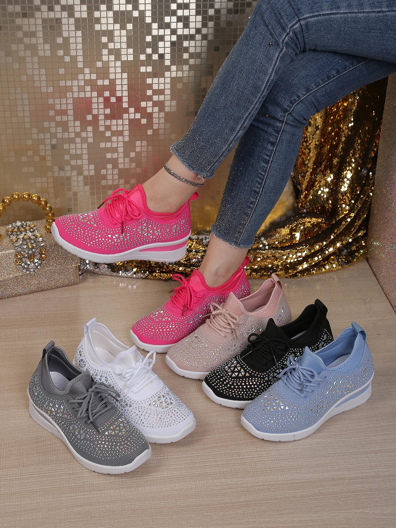 Women's Rhinestone Embellished Knit Mesh Wedge Sneakers, Adjustable Lace-Up Closure, Daily Walking Casual Footwear Pi-Mart