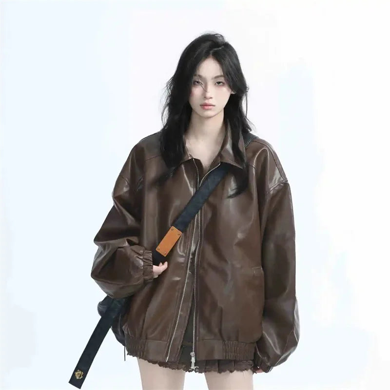 Retro Ladies Fashion Zipper Faux Leather Jacket Spring Autumn Women Long Sleeves Leather Coat 2025 Female PU Leather Outwear LadyShow.Store