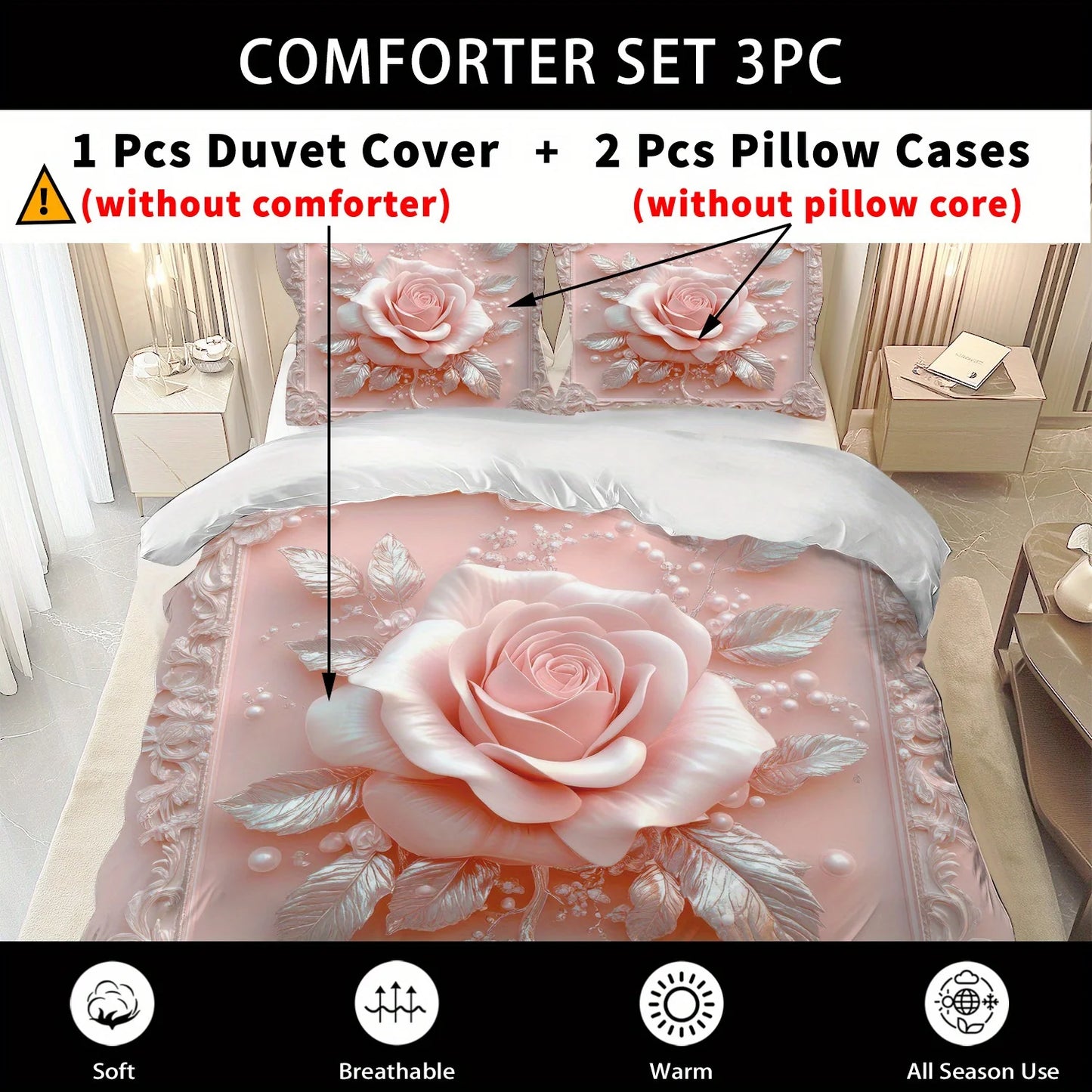 Latacaca 2/3Pcs Pink Rose Duvet Cover Set, Soft Comfortable Floral Bedding with Pillowcases, Machine Washable Queen King Size Pi-Mart