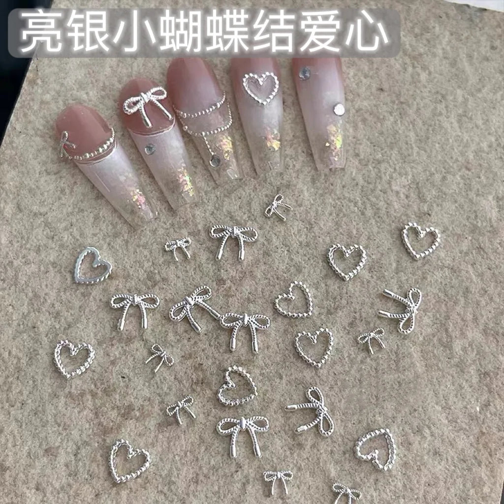 2Sizes Bowtie Love Nail Parts Nail Charms Korea Mini Silver Ribbon Bow tie Alloy Nail Art Accessories 3D Luxury Nail Decorations Pi-Mart