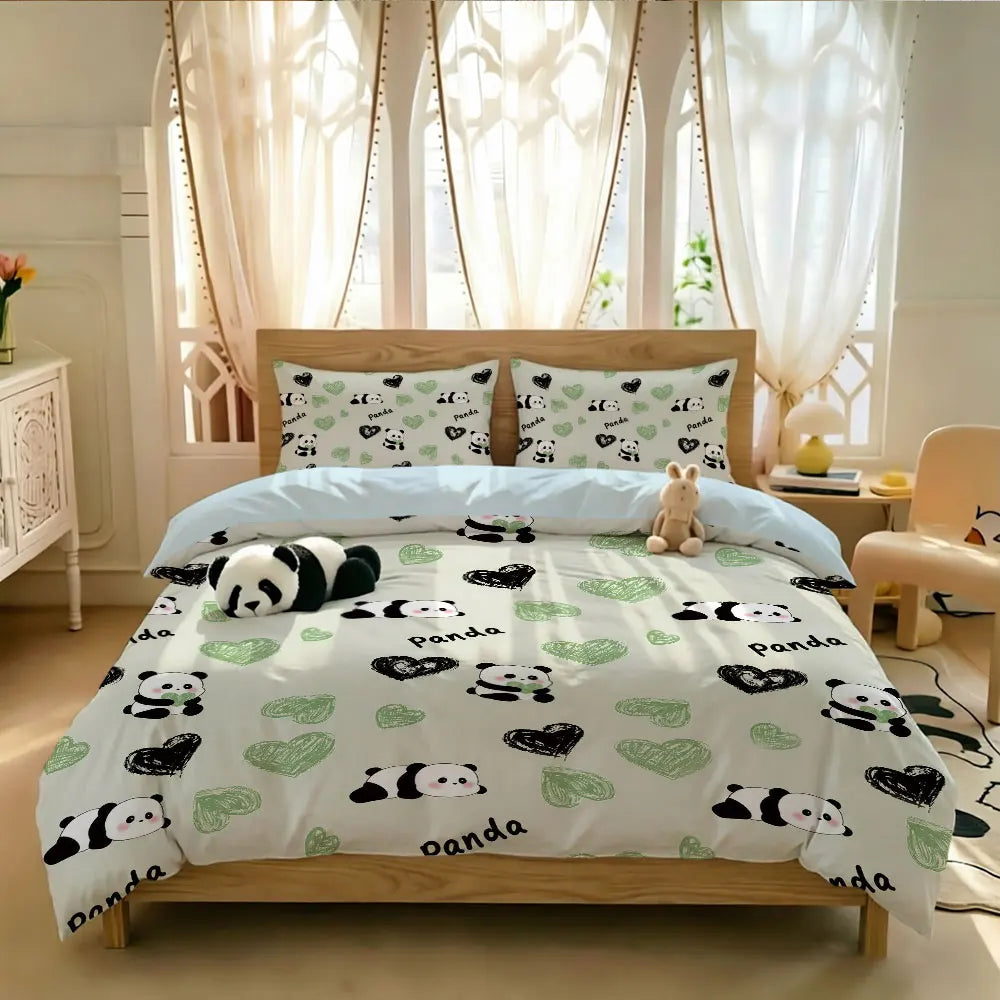 3pcs Cartoon Panda Print Coreless Duvet Cover Cool Summer Lightweight Bedding Set Multi Size Bedroom Bedding Decoration Pi-Mart