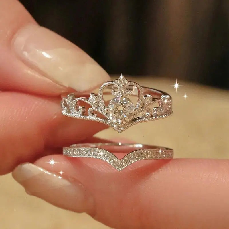 2PCS Fairy Sparkling Crown Rings for Women Teen Crystal Korean Adjustable Silvery Anniversary Gift Party Queen Ring Set Jewelry Pi-Mart