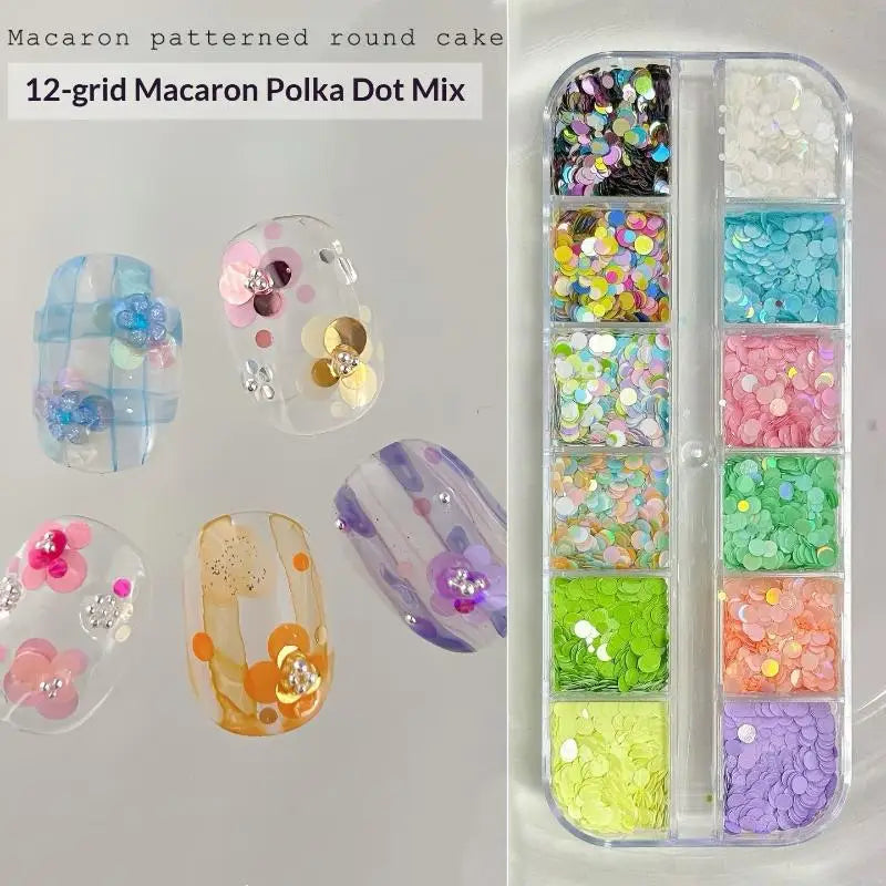 *12 Grids Mixed Mini Circular Colorful Nail Glitter Wave Point Sequin Sparkling Flower DIY Nail Decoration Nail Charms Pi-Mart
