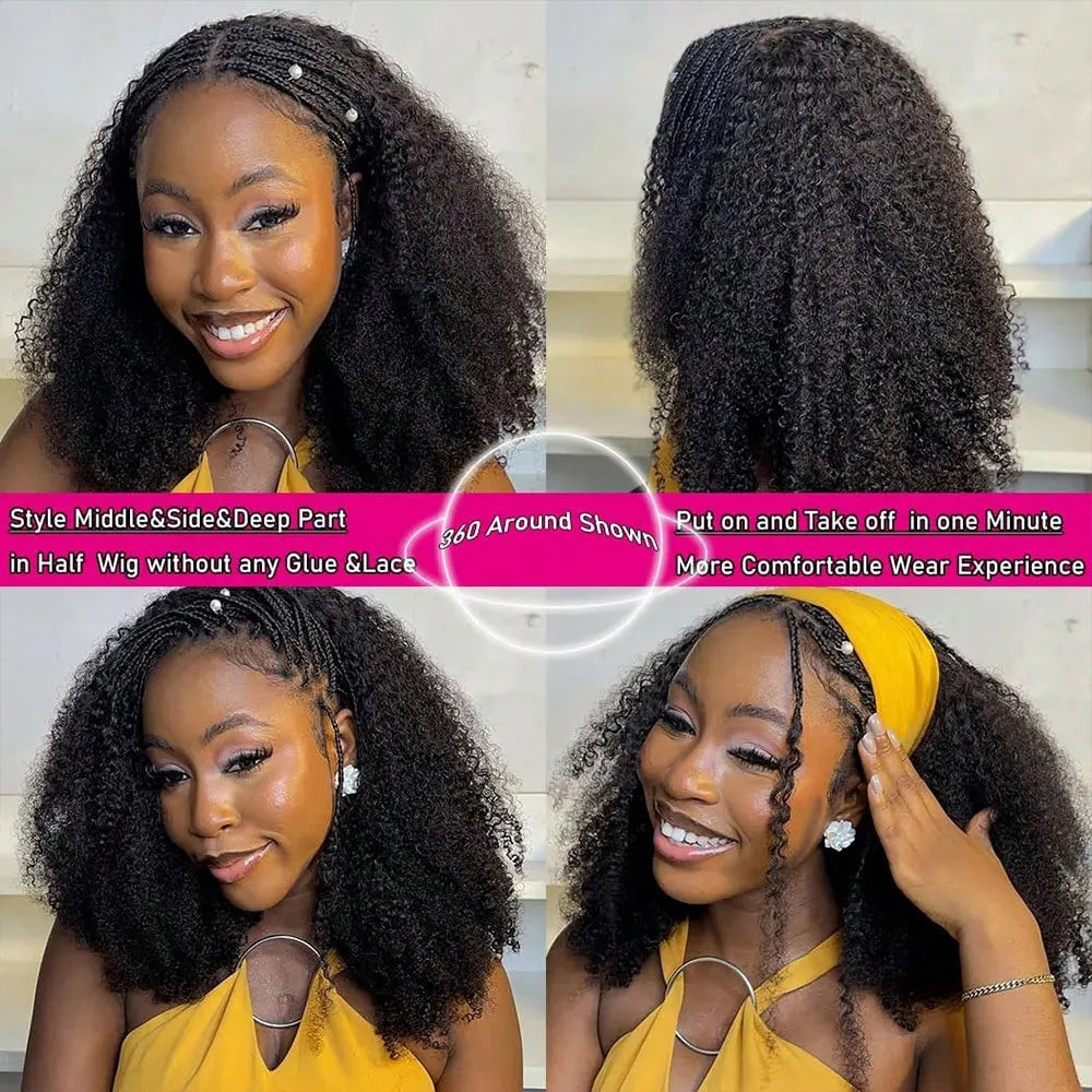 Jerry Curly Half Wig Human Hair Seamless Kinky Curly 3 In 1 Half Wig  Glueless  Heandband Clip In Wig No Sew In Black Color LadyShow.Store