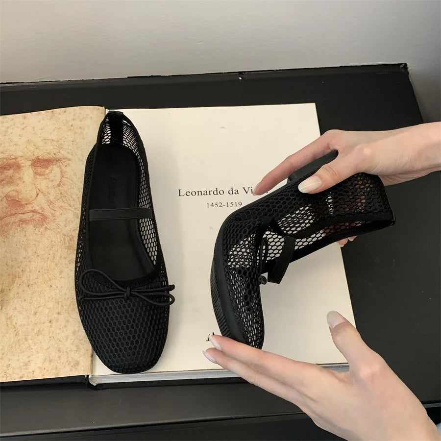 2025 New Luxury Spring/Summer Women Mesh Hollow Elastic Band Flat Bottom Non slip Casual Shoes Flat Bottom Shoes Pi-Mart