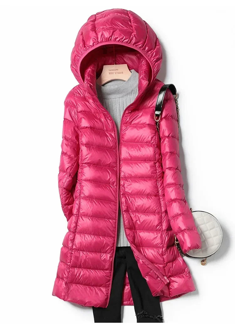 Plus Size Winter Womens Fashionable Outerwear Down Jackets Long Light Thin Coat Puffer Jacket Korean Slim Remove Hooded Parka LadyShow.Store