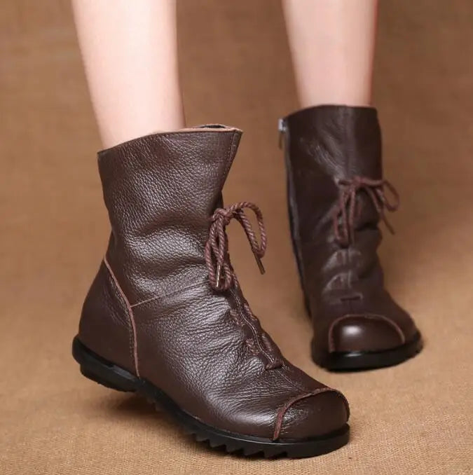 Genuine Leather Plush women's short Boots Retro Casual Autumn Winter Women Boots Waterproof warm Snow boots Plus Size 42 Pi-Mart