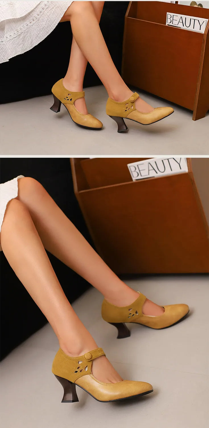 Summer Spring Cute Women Pumps Round Toe 6.5cm Small Heels Flock and PU Ankle Strap Buckle Green Yellow Big Size 46 48 Pi-Mart