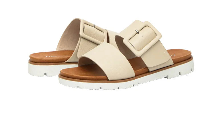 Adjustable Square Buckle Women Slide Sandals Two Strap Platform Slippers Low Heel Soft Sole Summer Open Toe Walking Casual Shoes Pi-Mart
