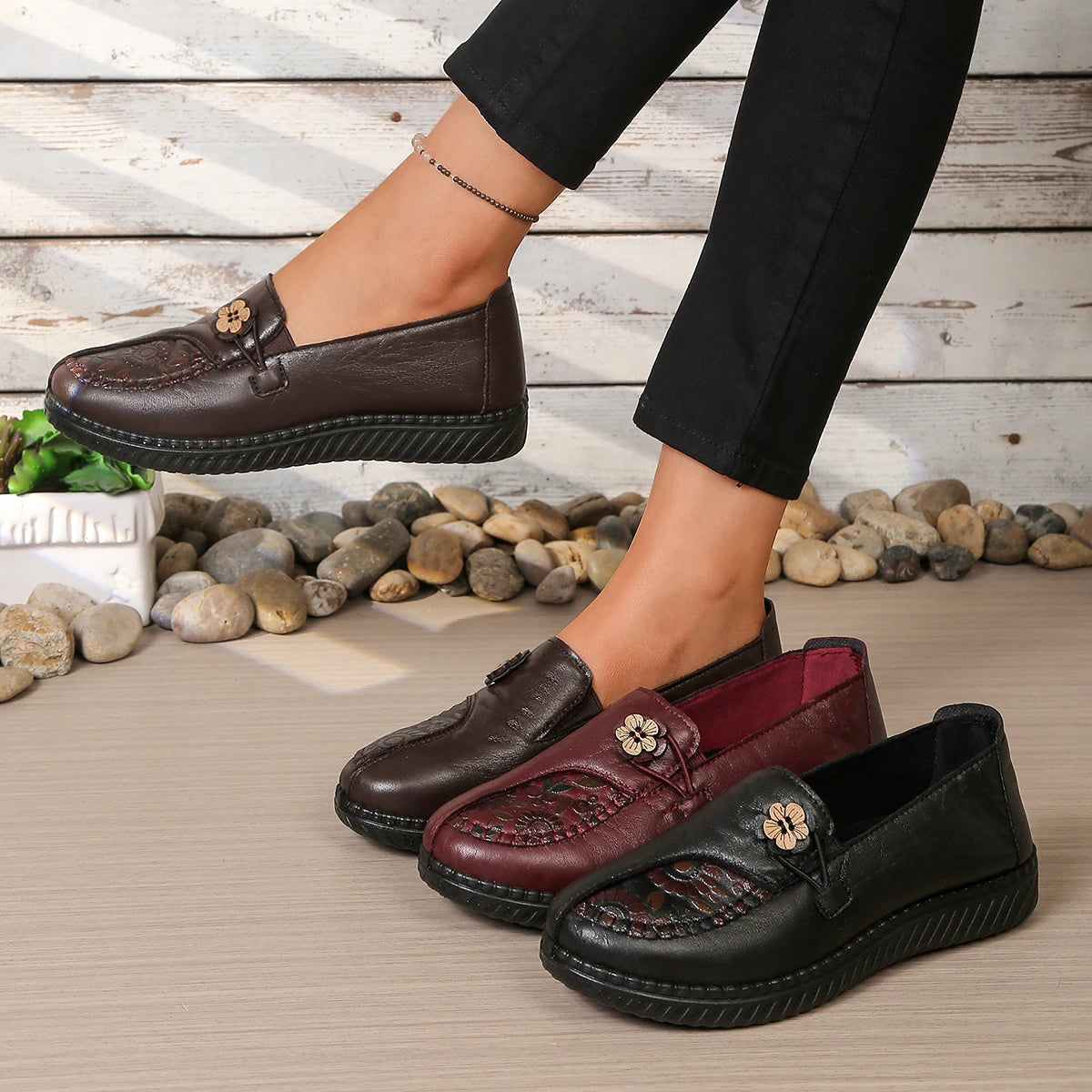 Women's Spring Autumn Leather Loafers Floral Embossed Slip‑On Flats Anti‑Slip Comfort Casual Mom Daily Walking Free Shipping Pi-Mart