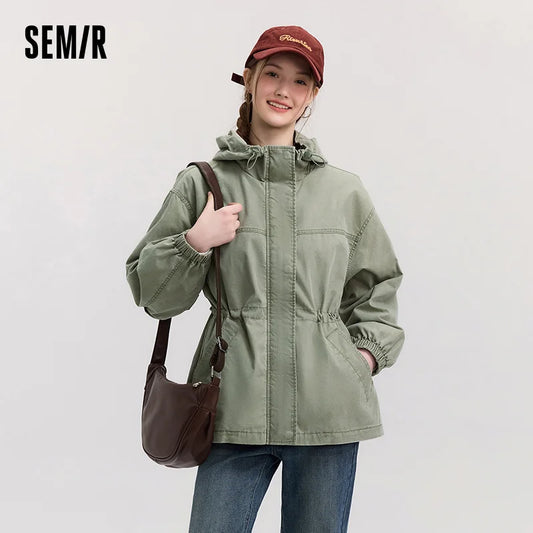 Semir Denim Jacket Women Mid-Length Loose Hooded 2025 New Spring Waist-Cinching Coat Retro Design for Fashion Outfits LadyShow.Store