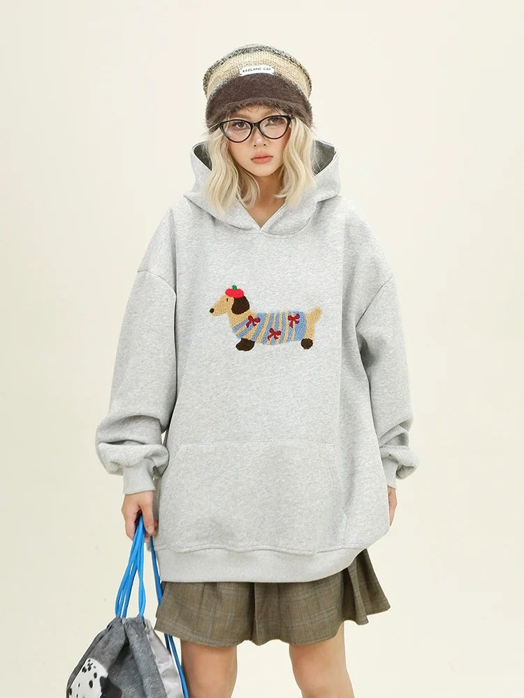Women Sweatshirt Streetwear Couples Tops Casual Loose Hoodie Autumn Winter Cartoon Dog Embroidery Hooded Pullover LadyShow.Store