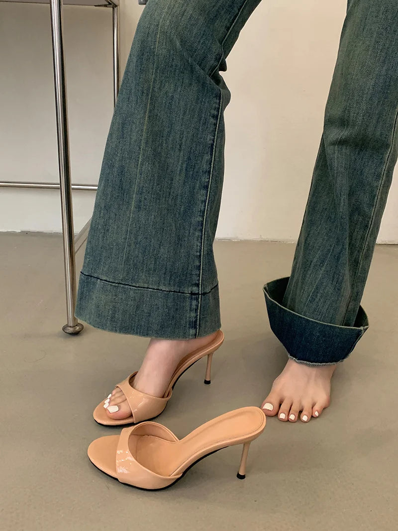 Liyke Wine Red Patent Leather Women Slippers Sandals Fashion Round Open Toe Thin High Heels Mules Slides Summer Party Dress Shoe Pi-Mart