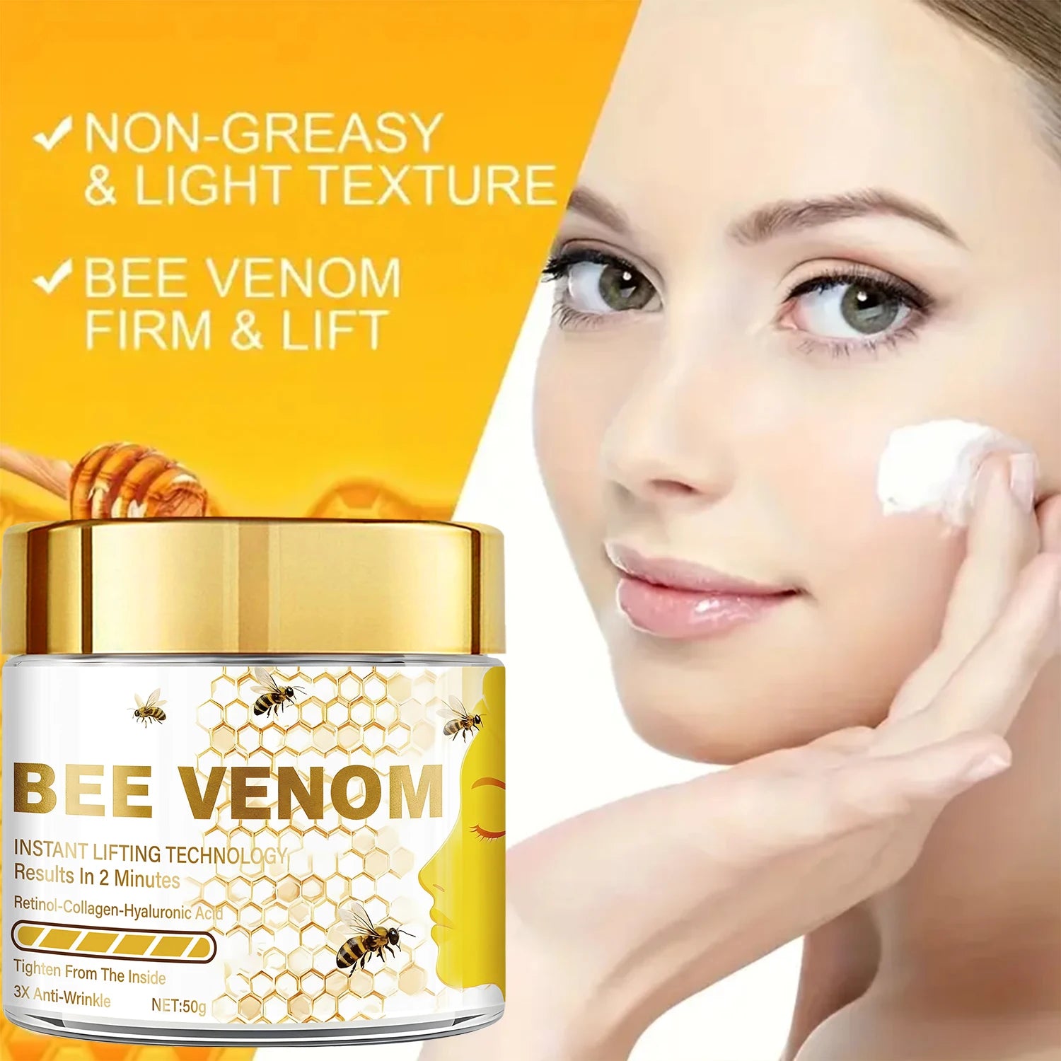 Bee venom instant lifting face cream, containing retinol and collagen, deeply penetrates, tightens and moisturizes Pi-Mart