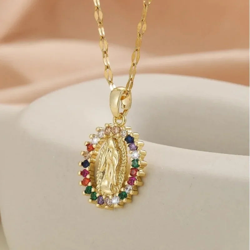 European and American Fashion and Gorgeous Women's All Sky Star Micro Inlaid Colorful Zircon Virgin Mary Hollow Necklace Pi-Mart