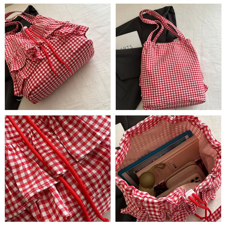 Large Capaci Cute Plaid Cotton Tote Bag  Lace Trim Women's Summer 2025 Simple Lady Handbag Soft Shoulder Bags Bolsa Feminina Pi-Mart