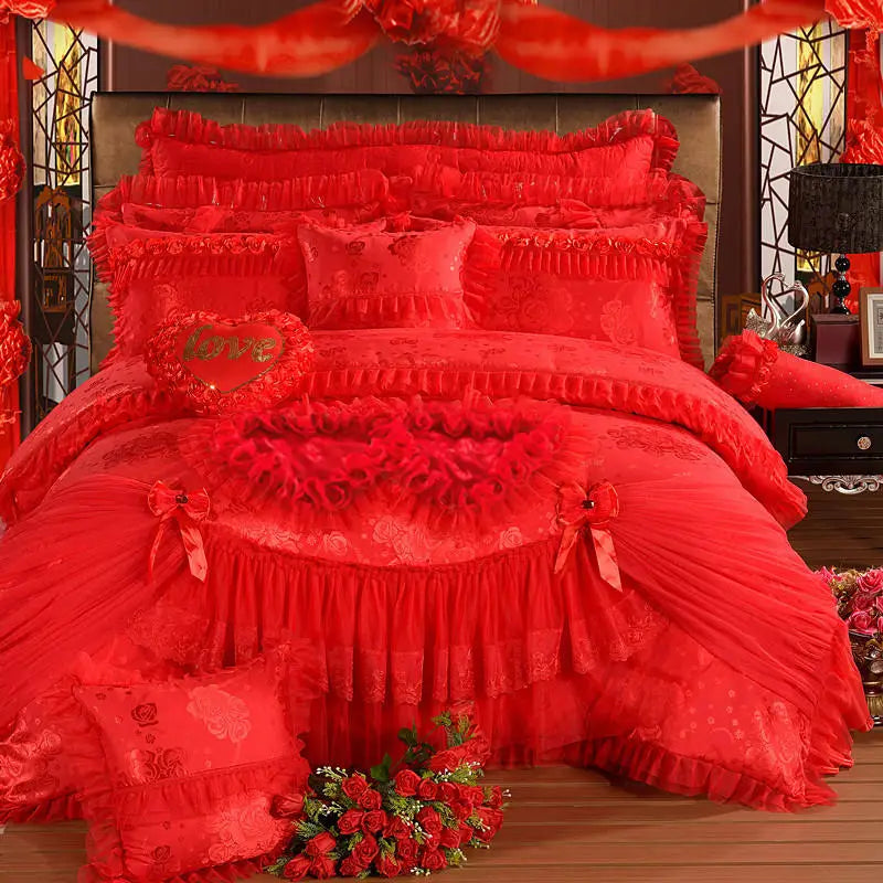Luxury Wedding Bedding Sets Queen King Size Pink Princess Lace Bedcover Set Jacquard Duvet Cover Bed Sheet Pillowcases LadyShow.Store