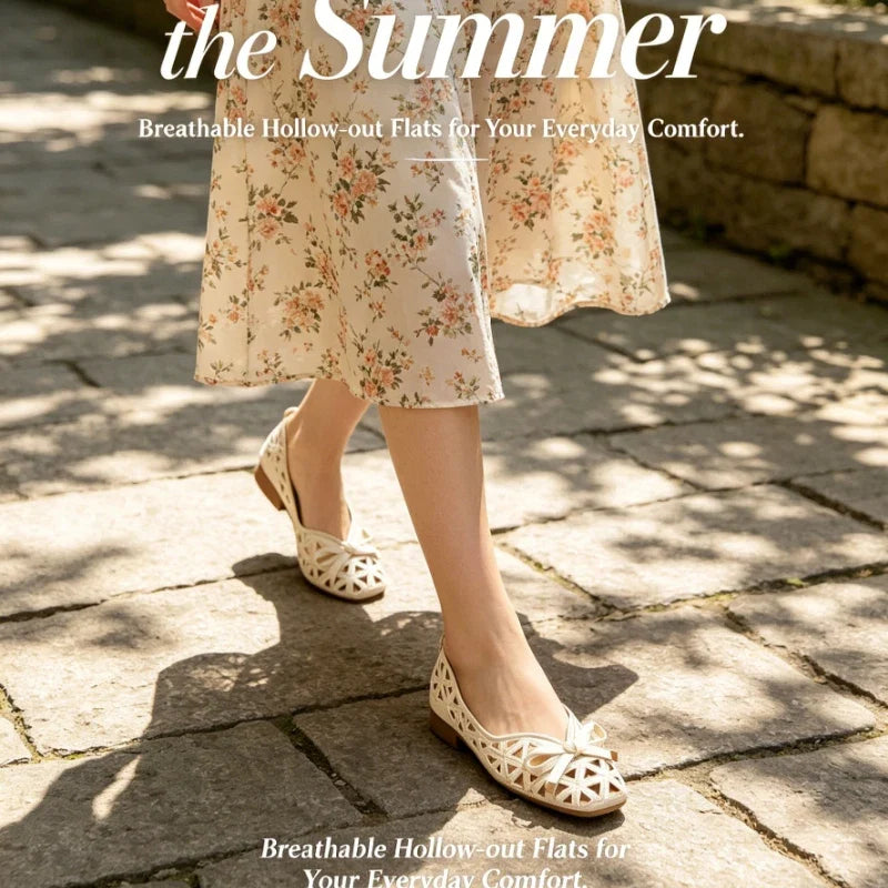 New French Style Bow Flat Sandals Women Geometric Cut-Out Peep-Toe Breathable Summer Beige Shoes for Dresses, Office and Casual LadyShow.Store
