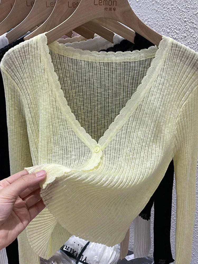 Summer Short Ice Silk Knitted Sun Protection Cardigan Women's Thin Suspender Skirt Layered Gauze Jacket Air-conditioned Cover Up LadyShow.Store