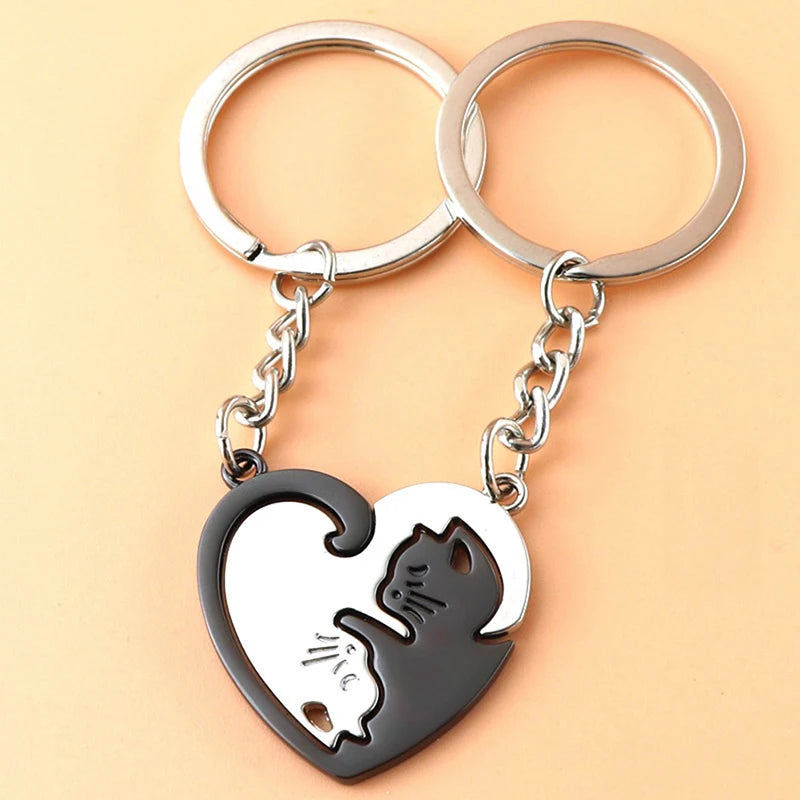 Cute Hug Cat Keychain Creative Patchwork Heart Round Keyring Couple Lovers Key Chains Bag Pendant Car Keyholder Accessories Gift Pi-Mart