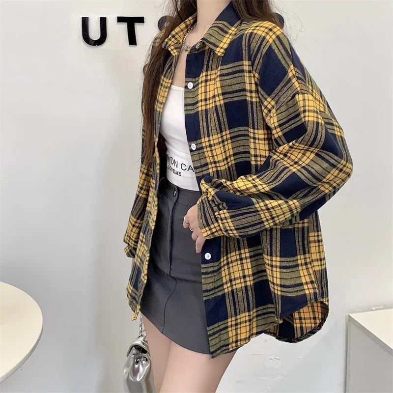 Black Flannel Shirt for Women Long Sleeve Collared Button-Up Tartan Plaid Shirt Jacket  Teen-girl Casual Everyday Outfit LadyShow.Store