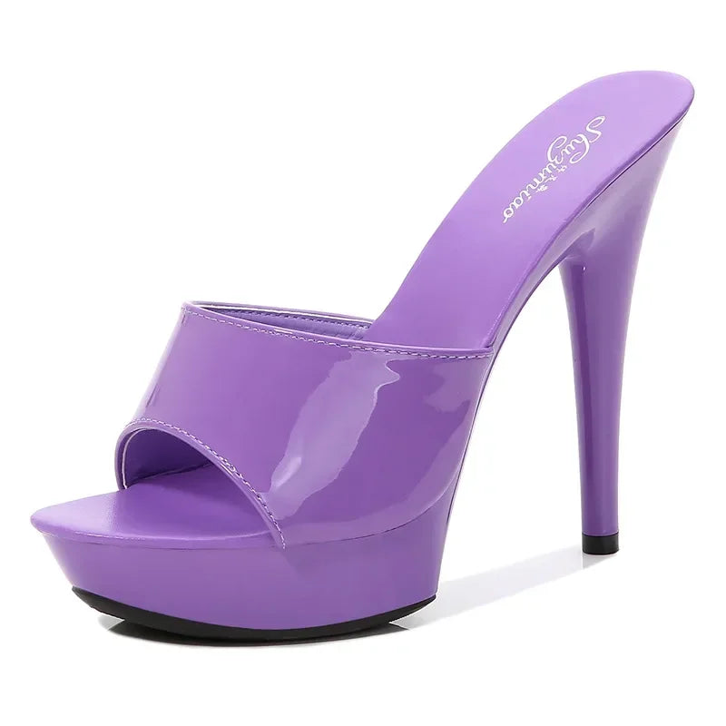 Womens Slippers Mule Patent Leather Sandals Sexy Fashion 13CM Slides Party Shoes for Woman Luxury Red Sandals Summer Comfortable LadyShow.Store