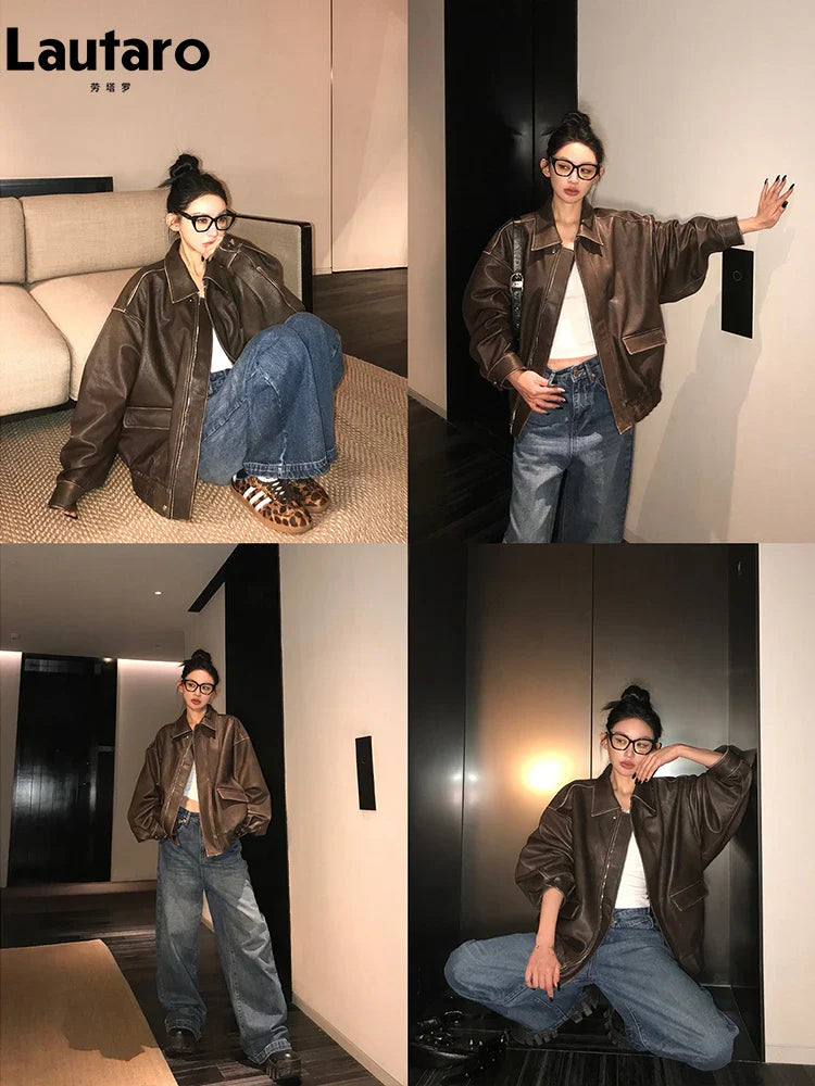 Lautaro Spring Autumn Cool Handsome Retro Oversized Distressed Brown Soft Faux Leather Jackets for Women Zipper Runway Fashion LadyShow.Store