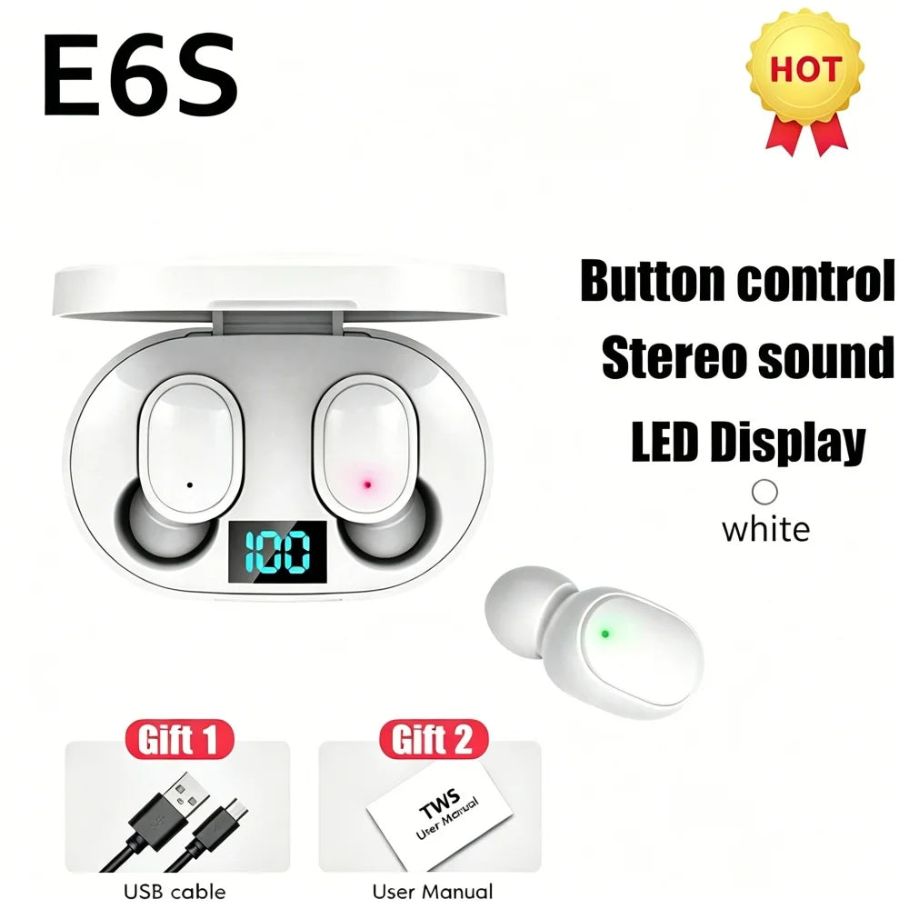 Digital Display Bluetooth Earphones with Mic TWS E6S Wireless Bluetooth Headset Noise Cancelling Headset for Xiaomi Huawei Oppo Pi-Mart