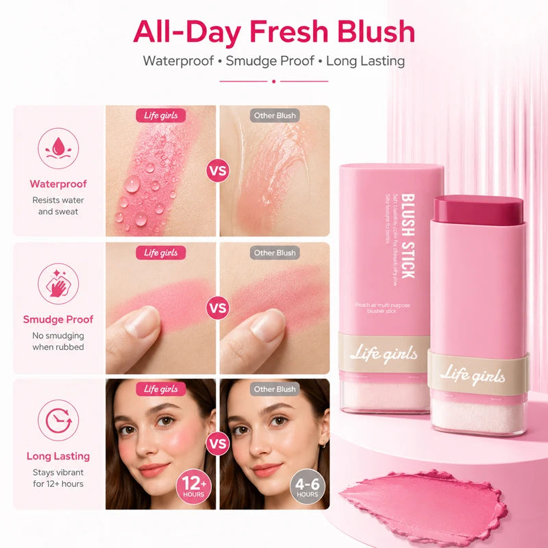 3-in-1 Cream Blush Stick Cheeks Lips Eyes, Long Lasting Waterproof Blendable Dewy Glow Makeup Stick for All Skin Tones Pi-Mart
