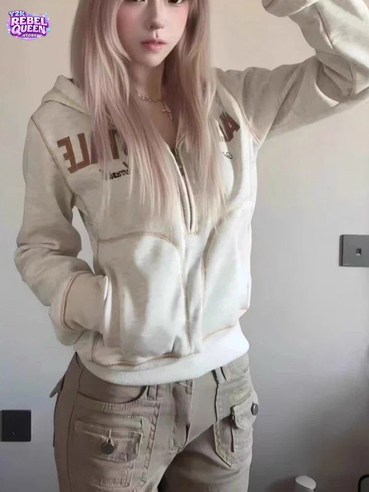 Japanese Y2K Punk Subculture Jacket Women Oversized Zip Up Hooded Sweatshirt Sexy Casual Vintage Streetwear Fashion Chic Clothes LadyShow.Store
