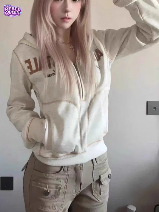 Japanese Y2K Punk Subculture Jacket Women Oversized Zip Up Hooded Sweatshirt Sexy Casual Vintage Streetwear Fashion Chic Clothes LadyShow.Store