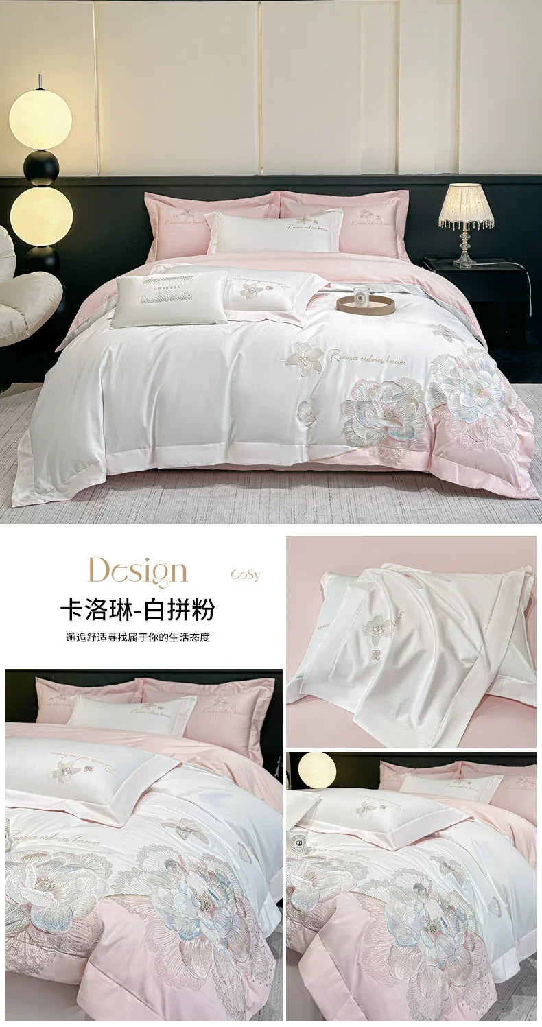 4pcs Light Luxury Style  120 Count Long Styl Cotton polyeste Embroidered Bedding Duvet Cover 200x230 220x240 Four Seasons Pi-Mart