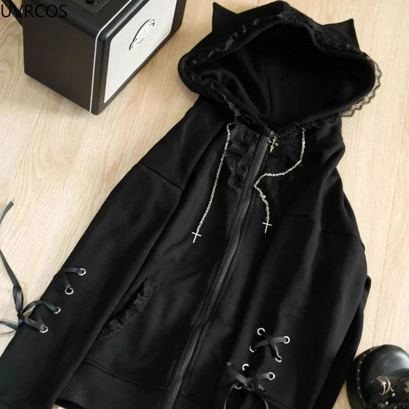 Japanese Kawaii Cat Ears Hooded Hoodies Women Y2k Aesthetic Grunge Casual Bandage Zipper Sweatshirt Fashion Trend Sportswear Top LadyShow.Store