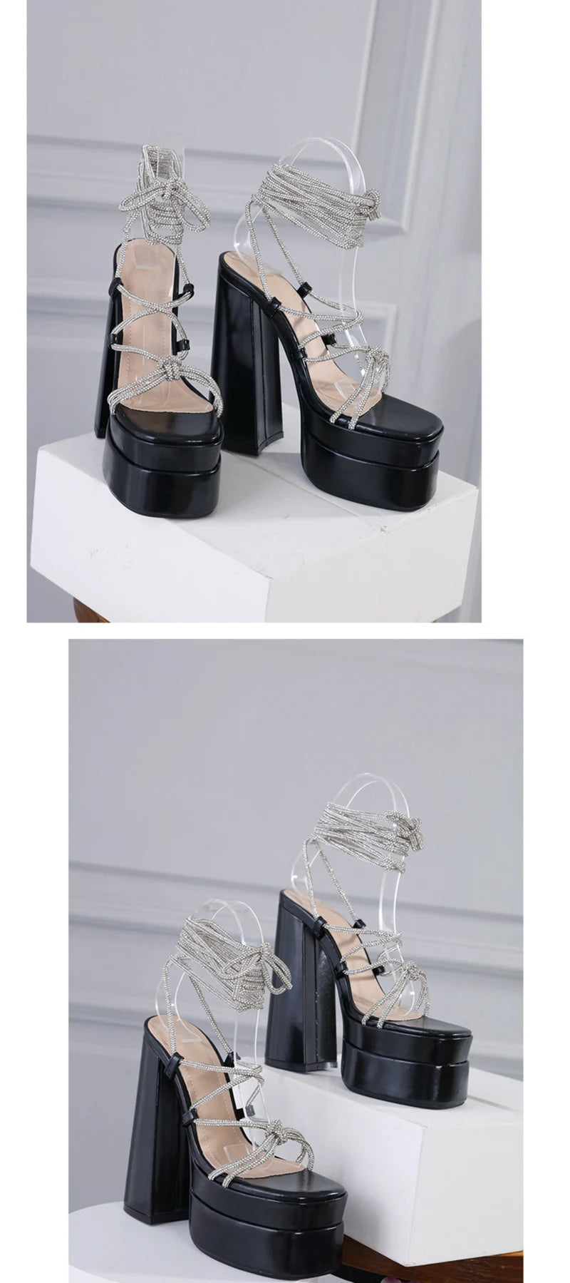 MM2025 New Arrival Rhinestone Embellished Knot T-Strap Heels Roman Peep-toe Summer Sandals Shiny Perfomance Anniversary Footwear Pi-Mart
