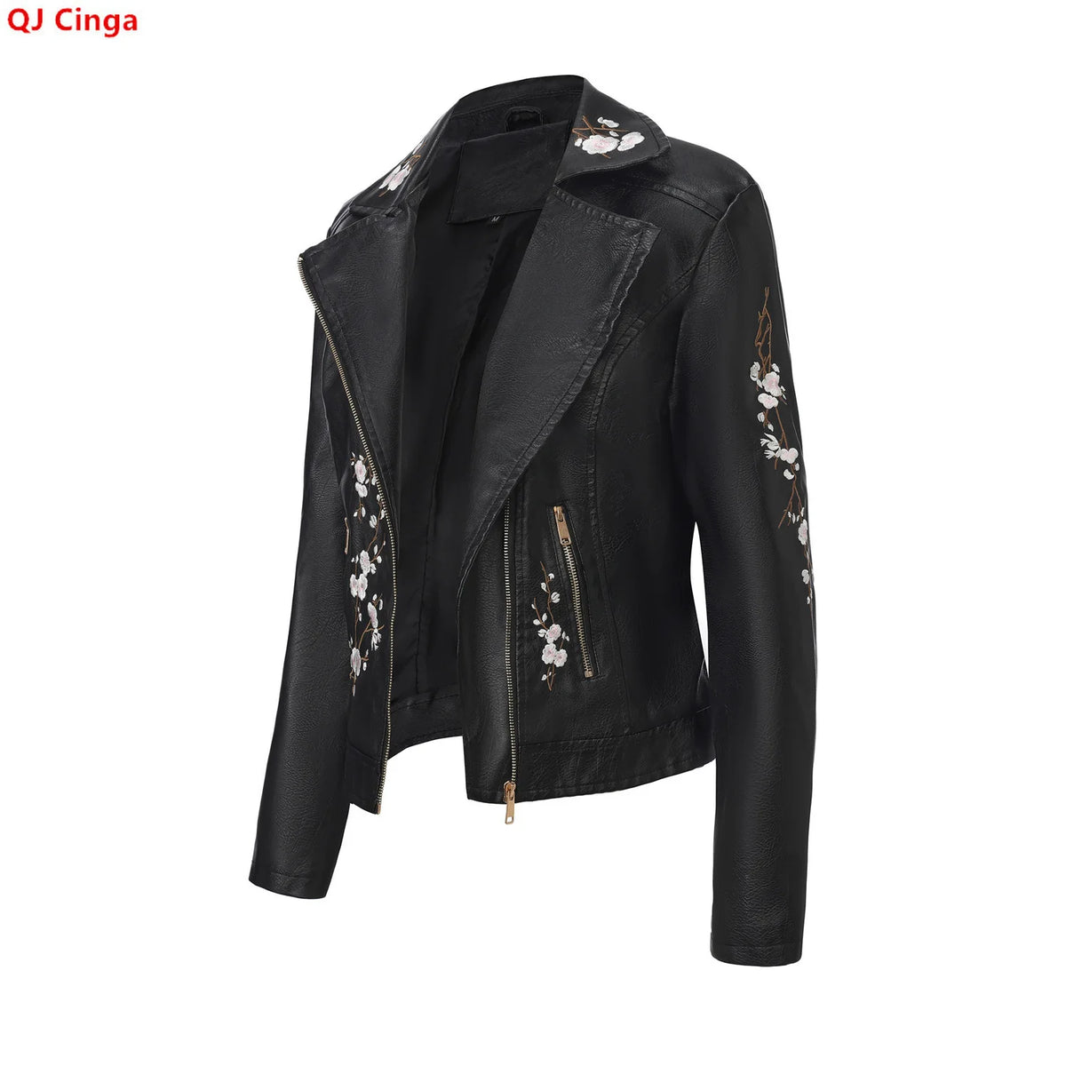 New Fall Women's Black Faux Leather Jacket; White Floral Embroidered PU Coat; Dark Brown Motorcycle-style Top. Pi-Mart