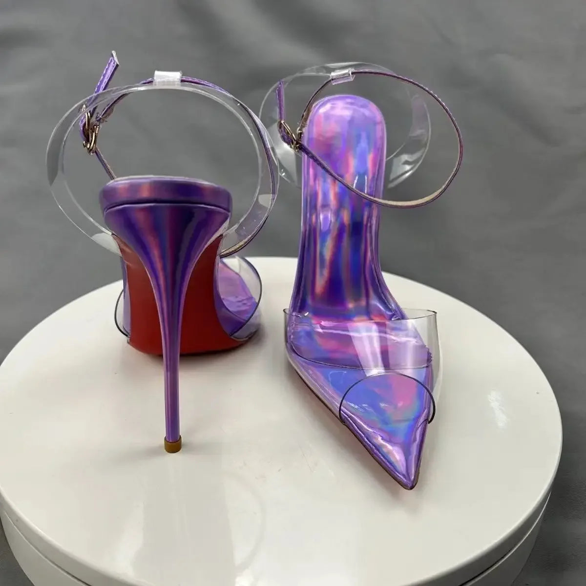 New European and American electric purple ultra soft transparent PVC sandals with straight stripes and slim heels, 12cm sexy Pi-Mart