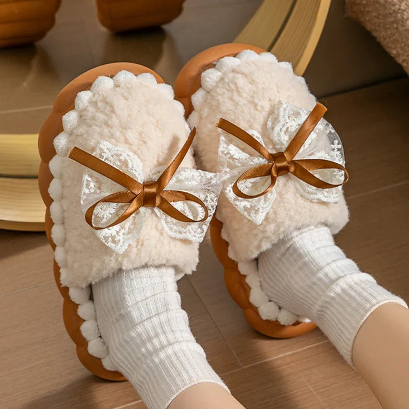 Winter Warm Fur Slippers For Women Thick-Soled Household Slippers Cute Bow Non Slip Soft Home Shoes Indoor Plush Women's Slipper LadyShow.Store