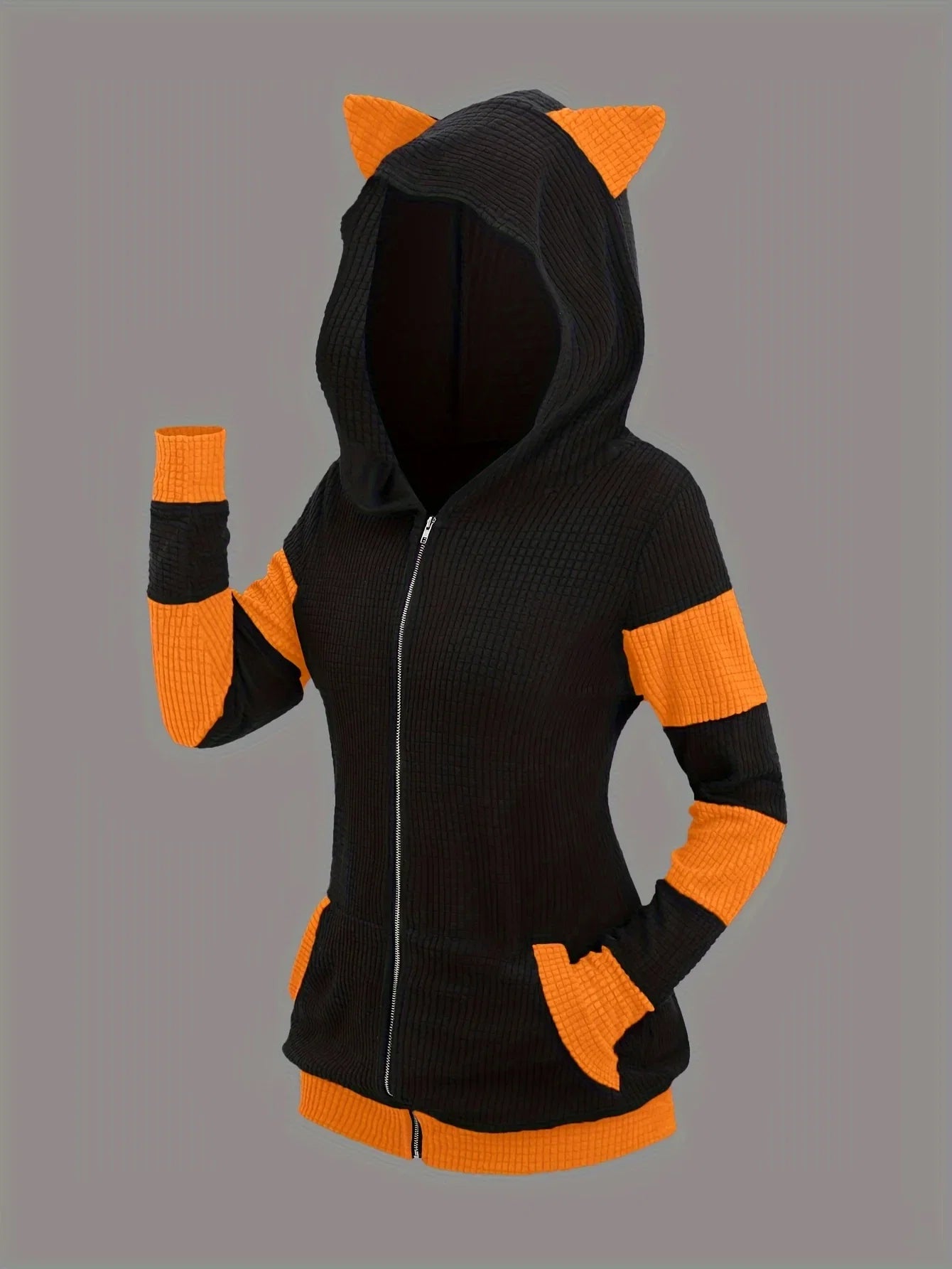 2024 European and American fashion women's new thick cat ears in autumn and winter long color matching hooded sweater coat LadyShow.Store