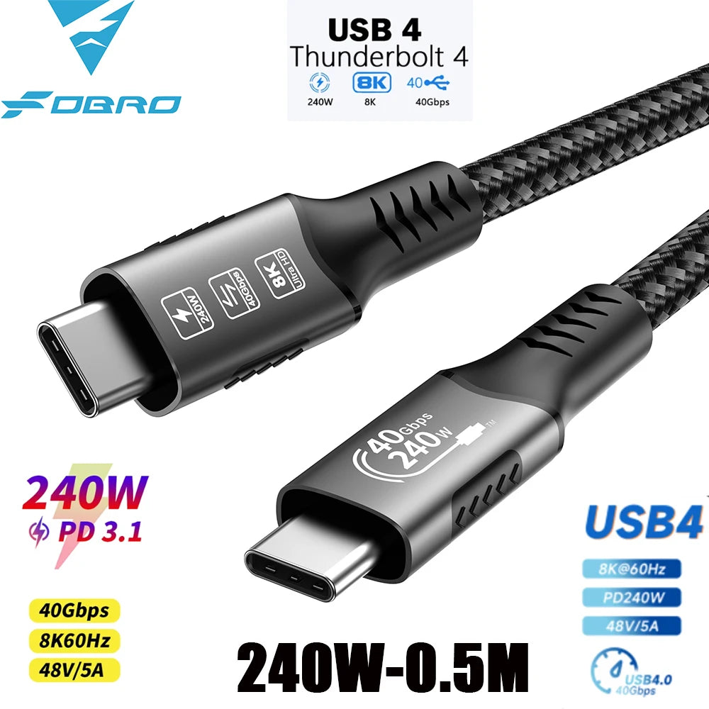 USB4 Cable 40Gbps 48V 240W For Thunderbolt 4 Type C Fast Charging Cable Thunderbolt3 USB C to C Data Transfer Cable For Laptop Pi-Mart