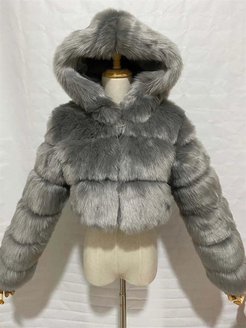 High Quality Furry Cropped Faux Fur Coats Jackets Women Fluffy Top With Hooded Winter Fur Jackets Fourrure Manteau Femme JH137 Pi-Mart